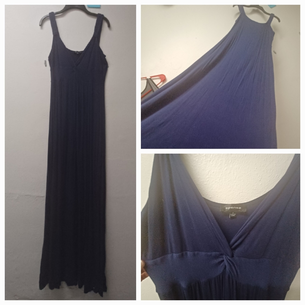 Navy blue long maxi dress, empire knot waist/bust, size S, plenty of stretch